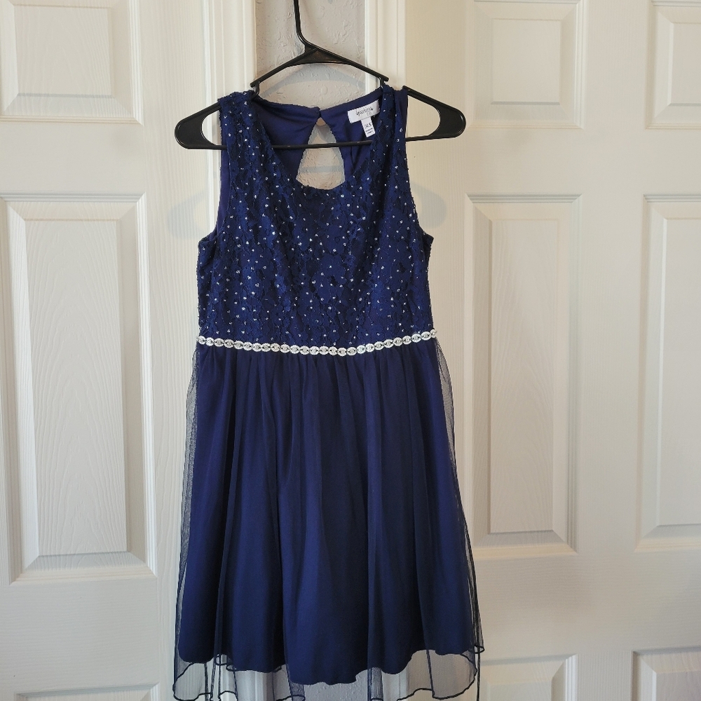 Girls/Kids Elegant Navy Blue Dress with Beaded Details
